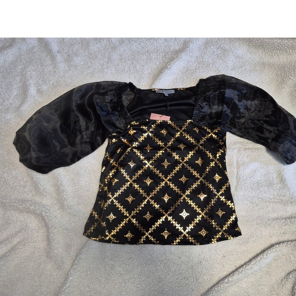 Alex & Parker Black Gold Metallic Puff Sleeve Blouse Square Neck Top Medium